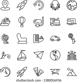 thin line vector icon set - Baby chair vector, planet, Earth, retro car, geolocation, history, globe, rocket, man hold world, paper plane, train, camper, sail boat, air balloon, hotel, beach