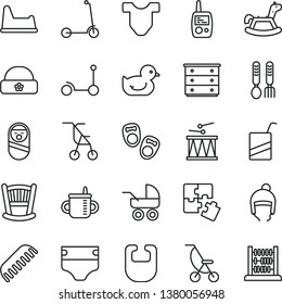 thin line vector icon set - cradle vector, chest of drawers, mug for feeding, diaper, bib, Child T shirt, baby carriage, summer stroller, sitting, duckling, comb, roly poly doll, toy mobile phone