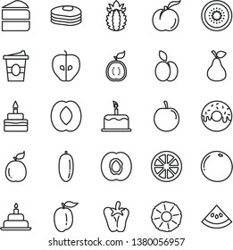 thin line vector icon set - birthday cake vector, piece of, glazed with a hole, peper, coffe to go, apple, pear, pancakes, ripe peach, half apricot, tasty, date fruit, plum, juicy lemon, kiwi, guava