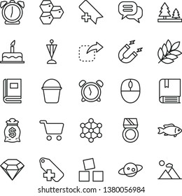 thin line vector icon set - alarm clock vector, add bookmark, label, cubes for children, cake, e, bucket, move right, fish, honeycombs, forest, magnet, shopping cart, mouse, book, saturn, biology