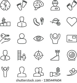 thin line vector icon set - woman vector, women, footprints, children's tracks, workman, garden trolley, employee, heart, eye, pass card, lens, man, in sight, get a wage, brain, bactery, winner