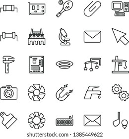 thin line vector icon set - toys over the cot vector, putty knife, faucet mixer, clip, plate, industrial factory, tower crane, magnet, calipers, computer, fan, keyboard, motherboard, pc card, mail