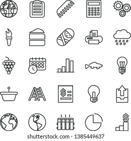 thin line vector icon set - sign of the planet vector, incandescent lamp, calculator, pie chart, upload archive data, comb, rainy cloud, tumbler, ladder, radiator, piece cake, small fish, Earth, pan
