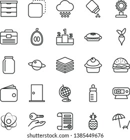 thin line vector icon set - storage unit vector, feeding bottle, baby powder, cloud, portfolio, ntrance door, pile, planet, pedestal, copy, burger, muffin, pie, a pineapple, half loquat, radish, jar