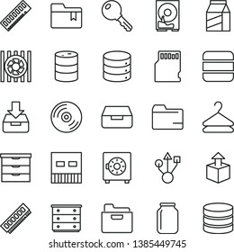 thin line vector icon set - folder vector, bookmark, storage unit, chest of drawers, key, CD, big data, put in a box, drawer, strongbox, package, hanger, unpacking, barrel, jar, radiator fan, memory