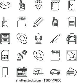 thin line vector icon set - tassel vector, desktop microphone, calendar, toy phone, mobile, concrete mixer, smartphone, nightstand, call, piece of meat, jam, big solar panel, retro car, SIM card, sd
