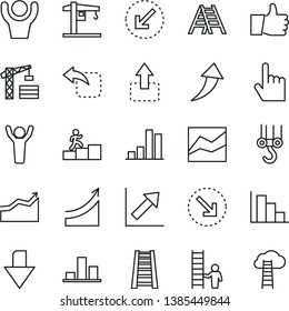 thin line vector icon set - downward direction vector, line chart, growth, positive histogram, crane, tower, winch hook, stepladder, ladder, left bottom arrow, index finger, thumb up, move, right