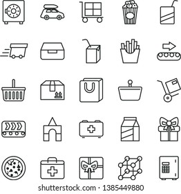 thin line vector icon set - cargo trolley vector, grocery basket, first aid kit, bag of a paramedic, e, packing juice with straw, box bricks, drawer, strongbox, handles, cardboard, package, shipment