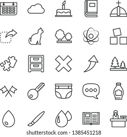 thin line vector icon set - tassel vector, cross, nappy, cubes for children, cake, Puzzle, key, book, drop, nightstand, move right, bottle, trees, forest, wall calendar, speech, cloud, atom, flags