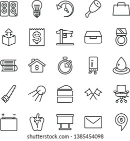 thin line vector icon set - stopwatch vector, books, crane, arm saw, electronic boiler, envelope, drawer, artificial satellite, unpacking, piece of cake, chicken thigh, peper, accumulator, bulb