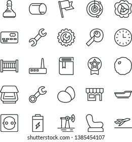 thin line vector icon set - book vector, baby cot, chair, bath, gear, flag, kiosk, eggs, cabbage, squash, charging battery, working oil derrick, power socket, pipe, front of the bank card, router