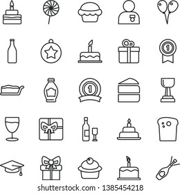 thin line vector icon set - colored air balloons vector, cake, birthday, gift, Easter, muffin, piece of, slice, lollipop, glass, bottle, giftbox, gold cup, man with medal, graduate, star, pennant