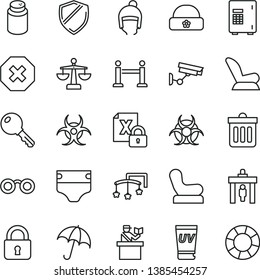 thin line vector icon set - mark of injury vector, scales, toys over the cot, diaper, powder, Baby chair, car child seat, winter hat, warm, dust bin, lock, key, umbrella, encrypting, glasses, safe