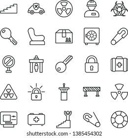 thin line vector icon set - prohibition vector, Baby chair, safety pin, open, bag of a paramedic, medical, workman, key, road fence, lock, strongbox, cardboard box, radiation hazard, autopilot, atm