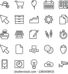 thin line vector icon set - matte light bulb vector, clean paper, storage unit, balloon, garden trolley, notes, fried vegetables on sticks, biscuit, raspberry, CO2, shopping cart, calendar, printer
