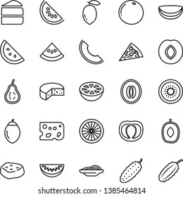 thin line vector icon set - piece of cheese vector, pizza, slices onion, cake, meat, cucumber, orange slice, plum, melon, water, delicious, half, lemon, kiwi, tamarillo, coconut, grapefruit, tomato