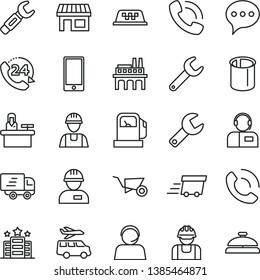 thin line vector icon set - repair key vector, builder, workman, building trolley, speech, smartphone, 24, phone call, operator, gas station, industrial enterprise, pipes, steel, stall, urgent cargo