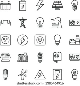 thin line vector icon set - lightning vector, danger of electricity, incandescent lamp, bulb, power socket type b, dangers, charging battery, solar panel, wind energy, factory, hydroelectricity, sun