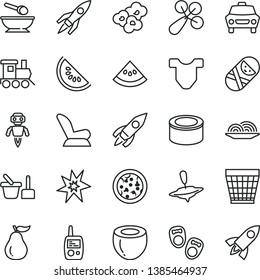 thin line vector icon set - wicker pot vector, Child T shirt, baby rattle, car seat, tumbler, toy mobile phone, sand set, deep plate with a spoon, train, small yule, shoes for little children, pizza