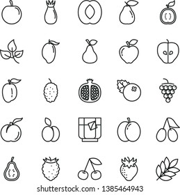 thin line vector icon set - a glass of tea vector, blueberries, apple, pear, cherry, ripe peach, half pomegranate, large grape, red, tasty, strawberry, rose hip, cornels, raspberry, mulberry, mango