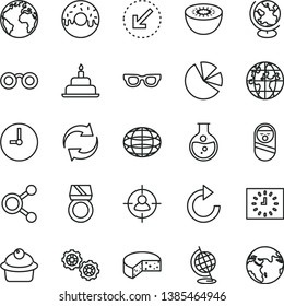 thin line vector icon set - sign of the planet vector, renewal, clockwise, roly poly doll, birthday cake, gears, wall clock, left bottom arrow, cheese, muffin, glazed with a hole, kiwi, round flask