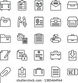 thin line vector icon set - clip vector, upload archive data, download, folder bookmark, portfolio, suitcase, estimate, received letter, case, drawer, notes, survey, briefcase, article on the dollar