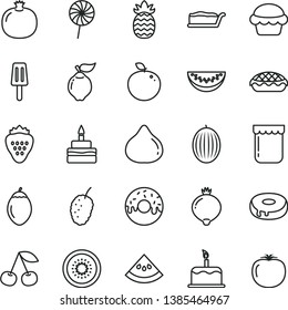 thin line vector icon set - cake vector, slice, birthday, with a hole, glazed, apple pie, lollipop, popsicle, jam, strawberry, cherry, pomegranate, quince, fig, medlar, tasty mulberry, melon, water