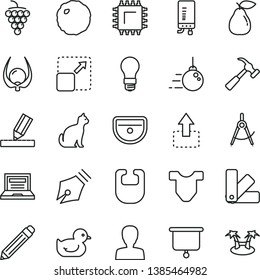 thin line vector icon set - laptop vector, graphite pencil, woman, bib, Child T shirt, baby duckling, big core, color samples, sink, drawing, electronic boiler, hammer with claw, expand picture, smd