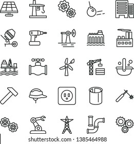 thin line vector icon set - tower crane vector, gears, concrete mixer, cordless drill, power socket type b, buildings, helmet, hammer, core, commercial seaport, solar panel, working oil derrick