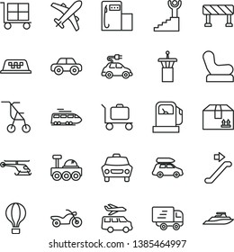 thin line vector icon set - cargo trolley vector, Baby chair, sitting stroller, motor vehicle, traffic signal, car, cardboard box, gas station, modern, electric, Express delivery, lunar rover, train