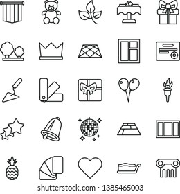 thin line vector icon set - teddy bear vector, colored air balloons, building trowel, window, frame, color samples, sample of colour, paving slab, pavement, bell, heart, cake slice, a pineapple