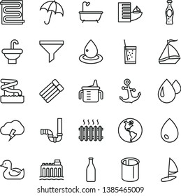thin line vector icon set - measuring cup for feeding vector, rubber duck, washbasin, bath, siphon, heating coil, drop, anchor, umbrella, storm cloud, a glass of soda, bottle, planet Earth, oil