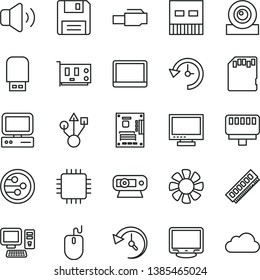 thin line vector icon set - monitor vector, volume, computer, notebook pc, fan, mouse, motherboard, cpu, memory, card, web camera, usb, flash, network, floppy, lan connector, sd, history, cloud