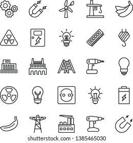 thin line vector icon set - hook vector, cordless drill, ladder, bulb, dangers, banana, bananas, charging battery, wind energy, hydroelectric station, power pole, socket, industrial building, magnet
