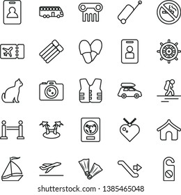 Thin Line Vector Icon Set - Car Baggage Vector, Bus, Sail Boat, Backpacker, Escalator, Rope Barrier, Identity Card, Passport, Plane Ticket, Rolling Case, Departure, Boungalow, Flippers, Camera, Pets