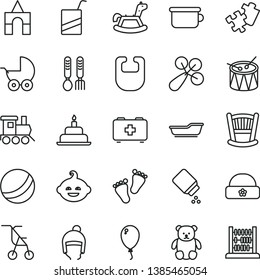 thin line vector icon set - cradle vector, baby powder, bib, rattle, stroller, sitting, bath ball, bag of a paramedic, e, children's potty, iron fork spoons, small teddy bear, funny hairdo, balloon