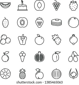 thin line vector icon set - cake vector, peper, cone, strawberry, pancakes, peach, half apricot, pomegranate, grape, large, cornels, medlar, blackberry, blueberry, blueberries, mulberry, water melon