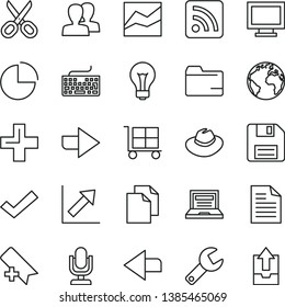 thin line vector icon set - repair key vector, sign of the planet, desktop microphone, matte light bulb, floppy disk, laptop, monitor window, scissors, right direction, left, add bookmark, keyboard