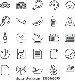 thin line vector icon set - keyboard vector, bath ball, children's bathroom, motor vehicle, plates and spoons, hairdo, building trolley, dangers, left bottom arrow, map, bottle of soda, mint, banana