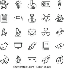 thin line vector icon set - space rocket vector, microscope, telescope, molecule, atom, nuclear, dna, bulb, book, biohazard, oscilloscope, flame, scientist, graduate hat, clipboard, drawing compass