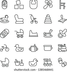 thin line vector icon set - dummy vector, mug for feeding, bib, baby rattle, chair, stroller, carriage, summer, rubber duck, duckling, stacking rings, roly poly doll, tumbler, toy sand set, a, train