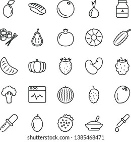 thin line vector icon set - cardiogram vector, a bowl of buckwheat porridge, sushi set, japanese, jar jam, strawberries, orange, pomegranate, blackberry, tasty raspberry, mulberry, water melon