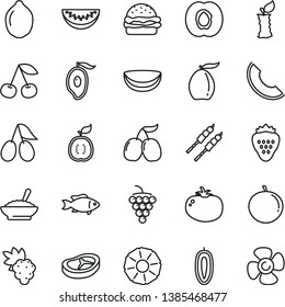 thin line vector icon set - burger vector, a bowl of buckwheat porridge, bacon, barbecue, tomato, fish, strawberry, cherry, half apricot, grape, large, cornels, tasty, slice melon, mango, loquat