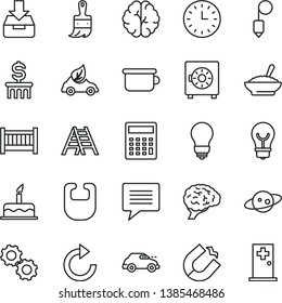 thin line vector icon set - image of thought vector, clockwise, calculator, baby cot, bib, children's potty, cake, wooden paint brush, ladder, bulb, plummet, put in a box, strongbox, eco car, retro