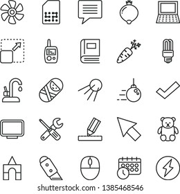 thin line vector icon set - image of thought vector, check mark, tumbler, toy mobile phone, small teddy bear, box bricks, big core, tools, drawing, knife, kitchen faucet, artificial satellite, SIM