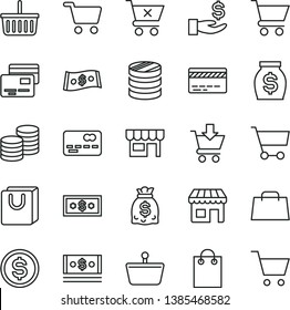 thin line vector icon set - grocery basket vector, bank card, cart, put in, crossed, bag with handles, cards, kiosk, coins, shopping, front of the, column, dollar, get a wage, money, dollars, cash