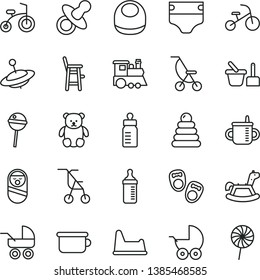 thin line vector icon set - dummy vector, mug for feeding, bottle, measuring, diaper, baby bib, stroller, carriage, summer, sitting, stacking rings, roly poly doll, toy sand set, children's potty