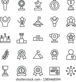 thin line vector icon set - pedestal vector, medal, winner, laurel branch, podium, prize, award, cup, gold, star, reward, man hands up, with, motivation, mountain flag, first place, ribbon