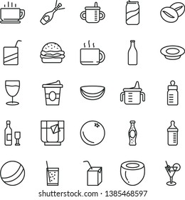 thin line vector icon set - mug for feeding vector, measuring cup, bottle, bath ball, e, packing of juice with a straw, coffee, burger, plate milk, beans, tea, coffe to go, glass soda, can, orange