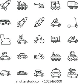 thin line vector icon set - Baby chair vector, motor vehicle, present, toy train, tricycle, child Kick scooter, car, eco, environmentally friendly transport, electric, retro, autopilot, rocket, bus